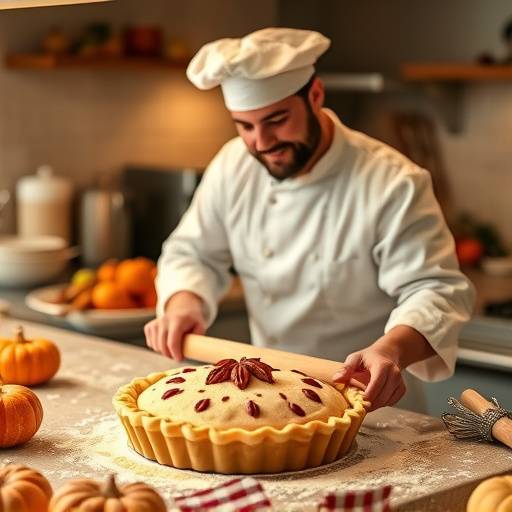 A chef demonstrating how to bake a Thanksgiving pie, showing the process of rolling out the dough.