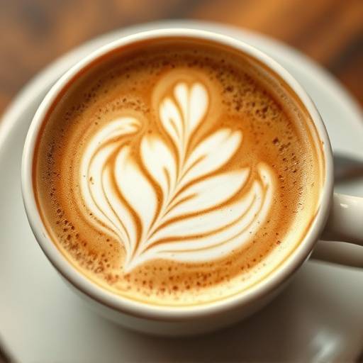A close-up of latte art, featuring a delicate floral design in the foam.