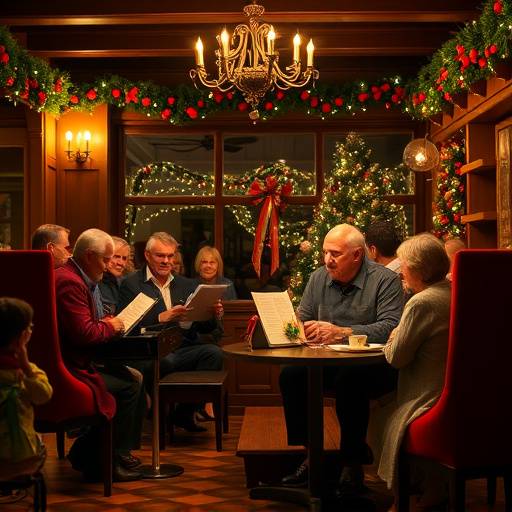 A group of people singing holiday carols together around a piano in a cozy cafe setting.