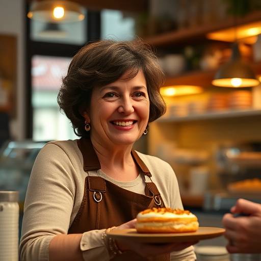 A portrait of Eleanor Blackwood, co-owner of Cozy Corner Cafe, smiling and holding a pastry.