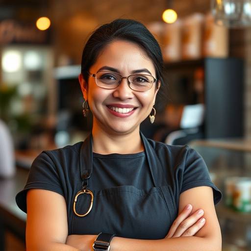 A portrait of Esmeralda Alvarez, the cafe's manager, looking friendly and professional.
