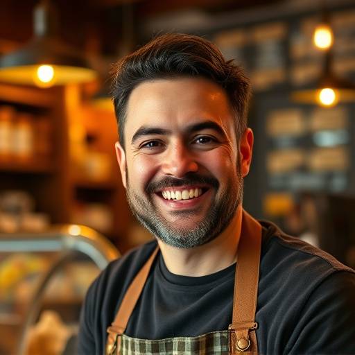 A portrait of Samuel Blackwood, co-owner of Cozy Corner Cafe, smiling warmly.