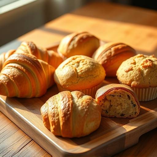 A selection of freshly baked pastries, including croissants, muffins, and scones, displayed on a wooden tray.