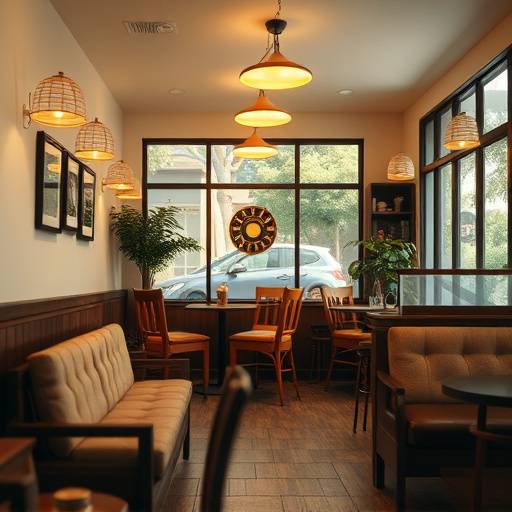 A view of the Cozy Corner Cafe interior, showing comfortable seating and warm lighting.