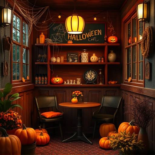 Cozy Corner Cafe decorated for Halloween with pumpkins, cobwebs, and spooky lighting.