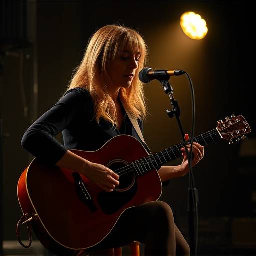 Sarah Blackwood performing live with her acoustic guitar on a dimly lit stage.